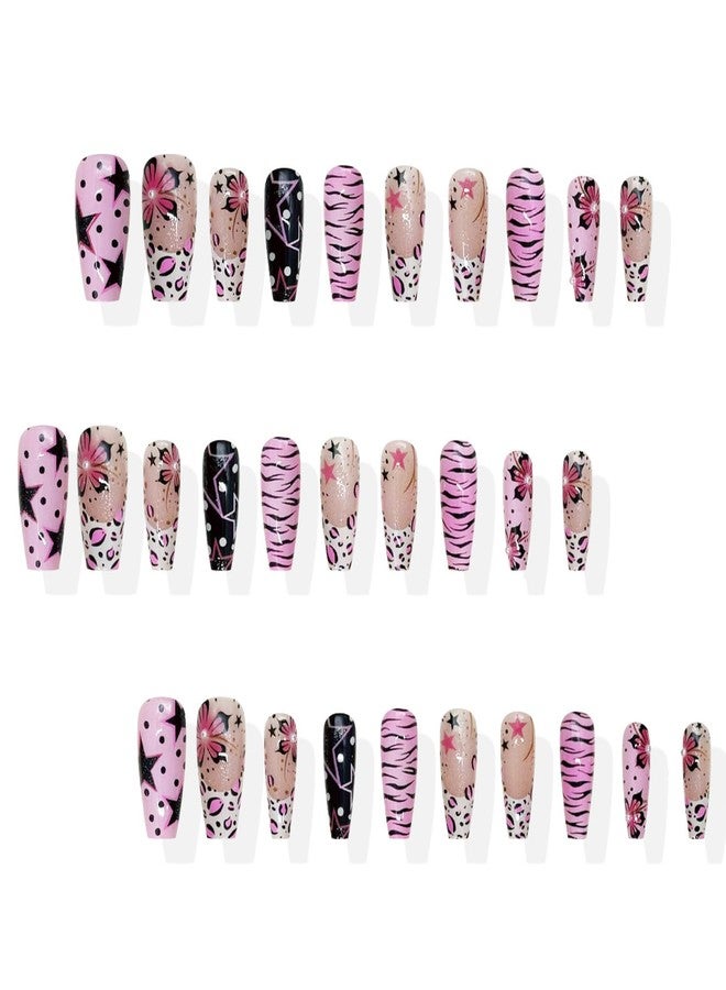 BSBTBZ 30Pcs Medium Press on Nails Square Fake Nails with 3D Pearl-decorated Y2K Style Five-Pointed Star Zebra Stripe Flower Design Glossy False Nails French Nail Tips Cute Stick on Nails for Women - Image 3